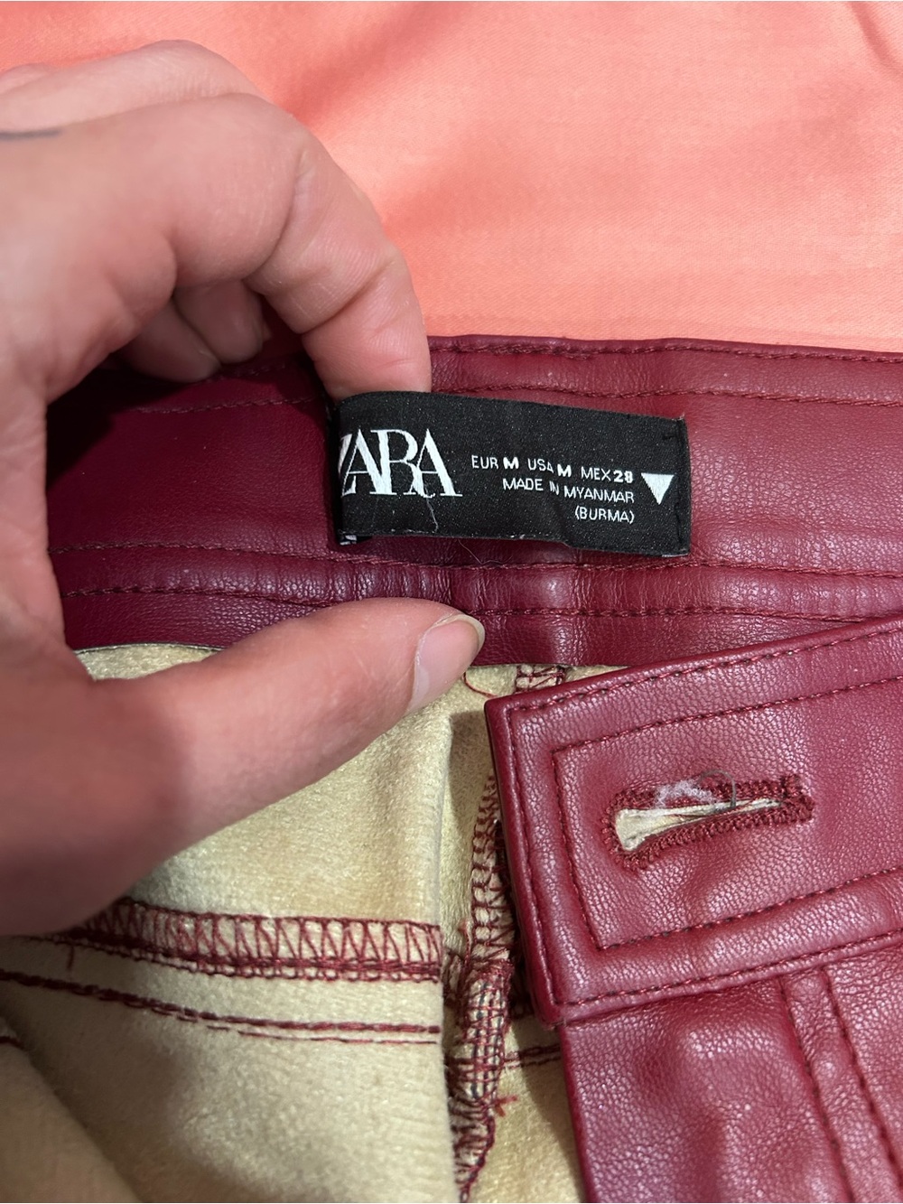 Zara High-Waist Faux Leather Slim Pants in Burgundy size M size 28" - Picture 3 of 5